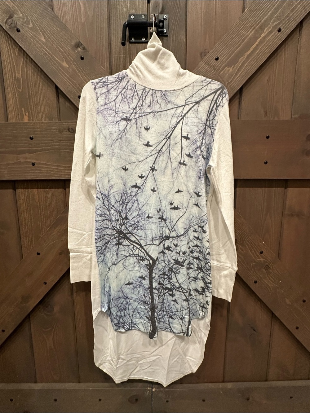 Go Couture Cream Turtleneck Tunic with Blue Tree & Bird Motif
